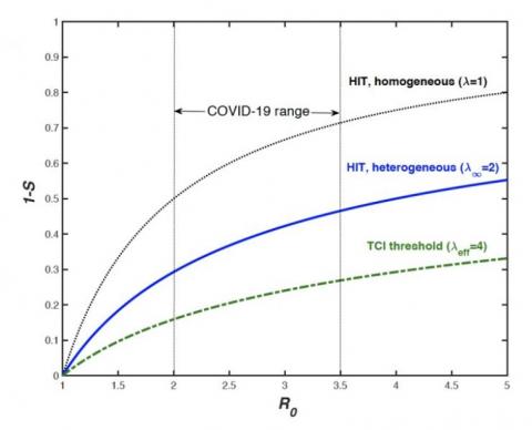 Chez une population hétérogène et à hétérogénéité notamment sociale variable dans le temps, la prise en compte des variations de l'activité sociale au fil du temps aboutit à un seuil d’immunité collective encore plus faible soit ~ 22%(Visuel BNL) Chez une population hétérogène et à hétérogénéité notamment sociale variable dans le temps, la prise en compte des variations de l'activité sociale au fil du temps aboutit à un seuil d’immunité collective encore plus faible soit ~ 22%(Visuel BNL)